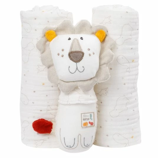 Flash Sale 🧨 Baby Fehn 3-tlg. Set Stabrassel & Musselintücher NATUR aus Bio-Baumwolle - Löwe 🤩 3 Flash Sale 🧨 Baby Fehn 3-tlg. Set Stabrassel & Musselintücher NATUR aus Bio-Baumwolle - Löwe 🤩